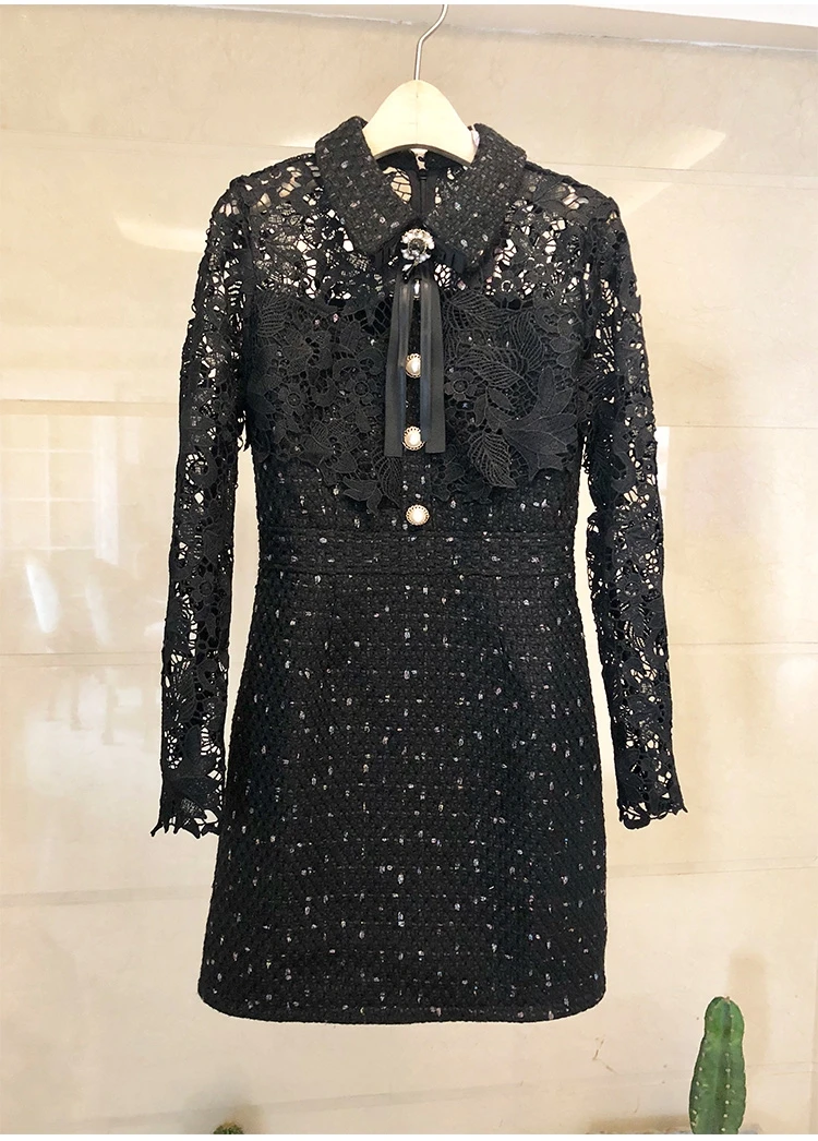 Весна, новинка, женское элегантное твидовое платье с кружевами, Vestidos, Дамское милое мини платье с длинным рукавом, украшенное бриллиантами и бантом