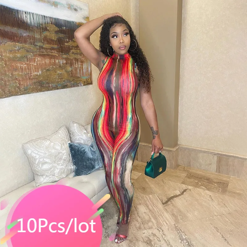

Bulk Items Wholesale Lots Club Outfits for Women Cute Tie Dye Bodycon Romper Sleeveless Jumpsuits Sexy One Piece Outfits 2021