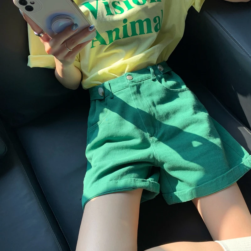 

Summer Casual Women's Green Denim Shorts Loose High Waist Straight Shorts Fashion Female