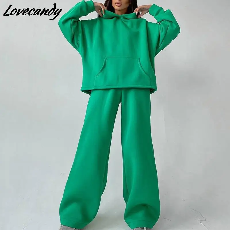 

Women Basic Hooded Tracksuit Two Piece Sets Pullover Sweatshirt Top And High Waist Wide Leg Pant Suits Female Fashion Streetwear