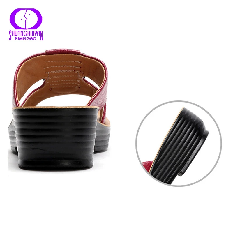 

AIMEIGAO 2020 Casual Genuine Leather Slippers Women Summer Platform Cowhide Pleated Shoes Ladies Thick High Heel Slides Female