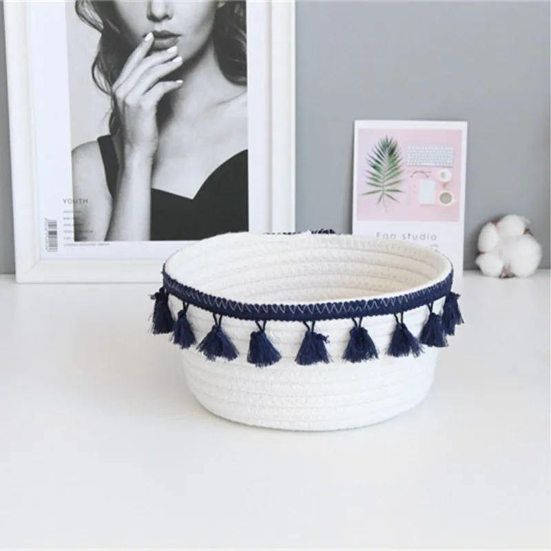 Dark Blue Хлопковые корзины для хранения веревки с кисточкой ручной работы Тканые корзины для стирки грязной одежды детские игрушки настольные Предметы Органайзер корзина - Цвет: Dark Blue