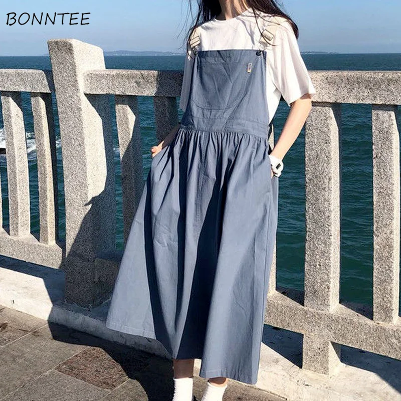 

Dresses Women A-Line Sleeveless Casual Preppy All-match Fashion Ulzzang Chic Korean Style Summer Solid Ladies Soft Streetwear