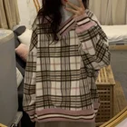 Винтажный свитер, Женский пуловер в клетку, свитеры оверсайз, вязаный Ретро джемпер с V-образным вырезом, Теплый Женский Топ с длинным рукавом, женский свитер