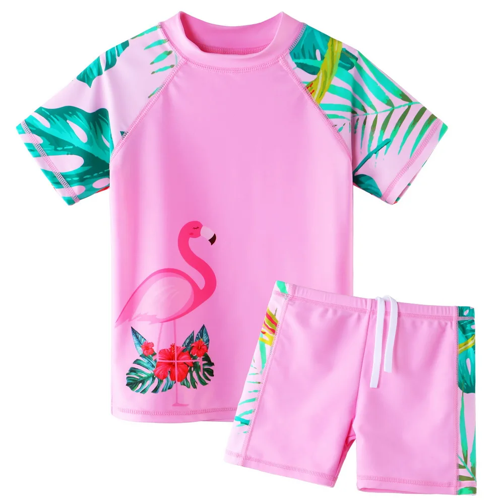 

BAOHULU Short Sleeves Girls Swimsuit Sun Protection Two-Pieces Swimwear for Kids Pink Flamingo UPF50+ Beachwear Children