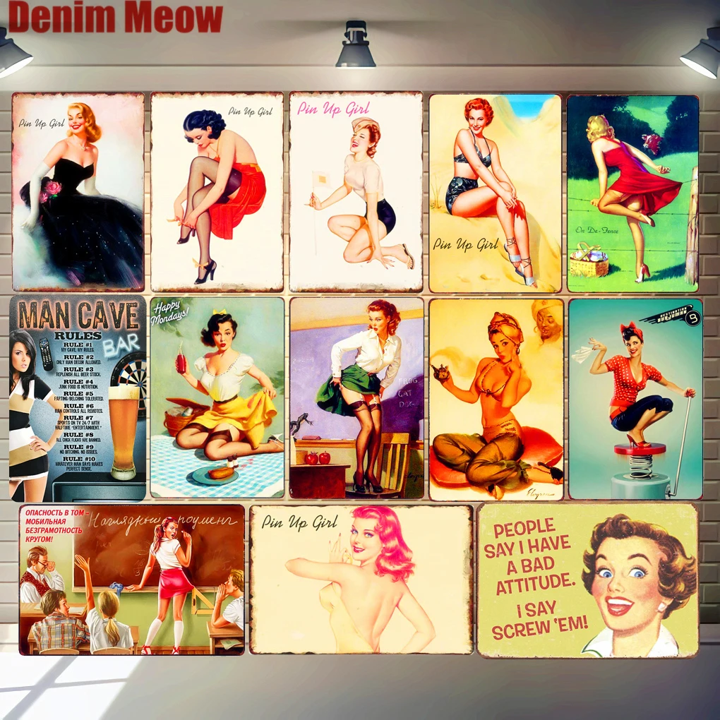 

Pin Up Girls Vintage Metal Poster Sexy Lady Tin Signs American Art Painting Cafe Pub Bar Club Casino Wall Home Decoration MN121