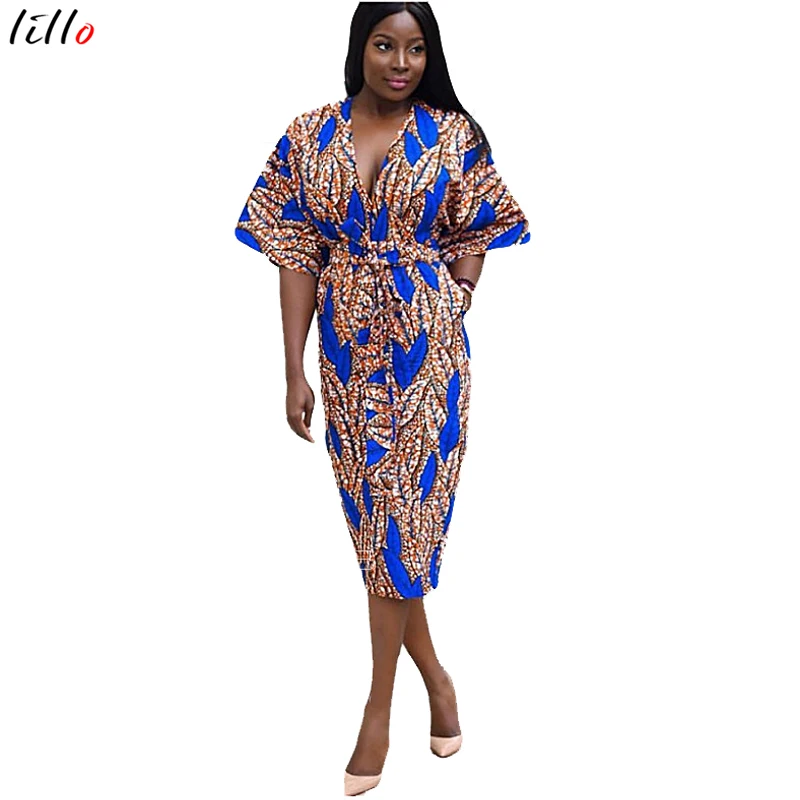 African women's summer fashion print V-neck dress straps slim elegant temperament with stretch comfort Photo Color | Женская одежда