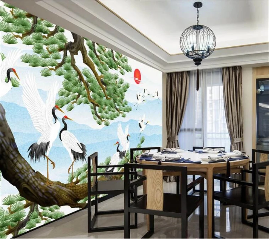 wellyu Customized large-scale mural environmental protection new Chinese style cloud in white crane TV background wallpaper |