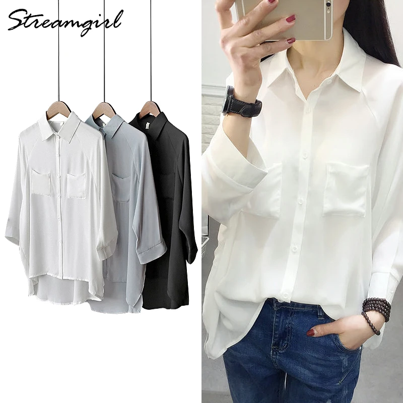 Блузка женская шифоновая на пуговицах свободная рубашка с длинным рукавом