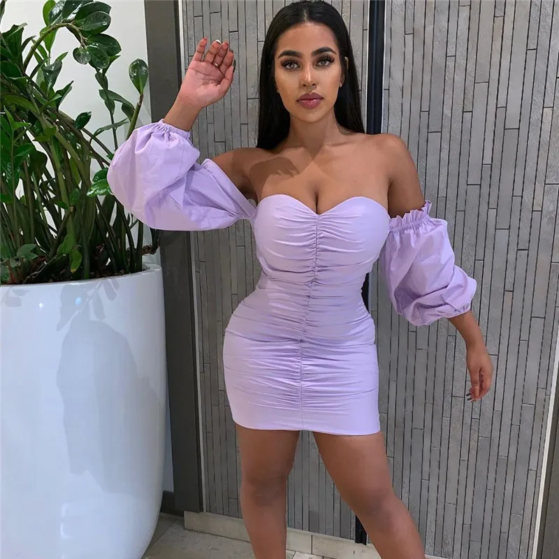 

New Arrival Sexy Women Off Shoulder Mini Dress 2020 Summer Puff Sleeves Bodycon Party Dress