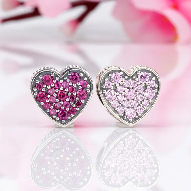 

DoDoFly Authentic 925 Silver Pink Dazzling Heart Inlaid Zircon Heart-shaped Beads Fit Original Charms Bracelet Necklace