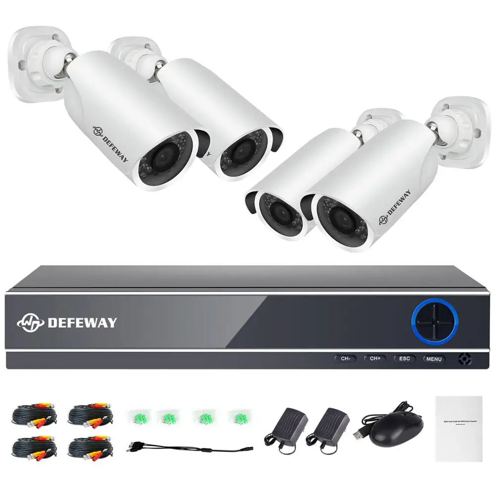 Комплект кабельного видеонаблюдения HD DEFEWAY формата качества 1080P, включающий в себя 4-канальный видеорегистратор, 4 камеры формата 720P 1200ТВЛ