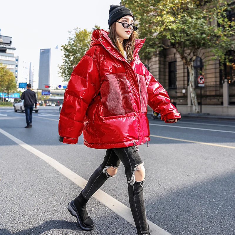 2019 Winter Jacket Fashion Womens Parkas Thicken Outerwear Solid Hooded Coats Red Female Loose Cotton Padded Basic Tops PJ364