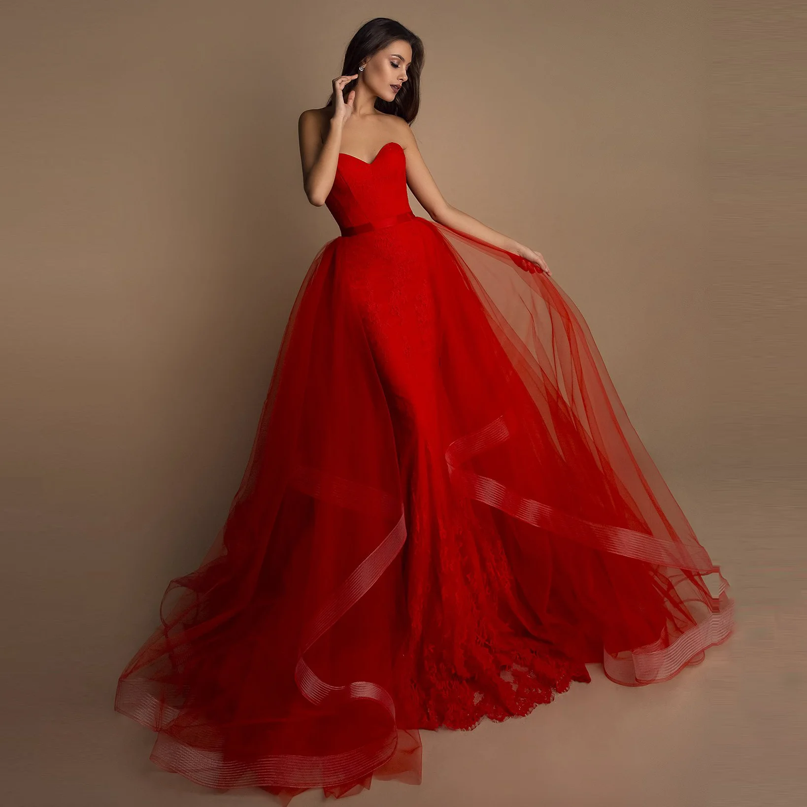 

Sexy Red Lace Mermaid Wedding Dress Strapless Floor Length Long Evening Dress Removable Tulle Dress With Train Elegant dresses