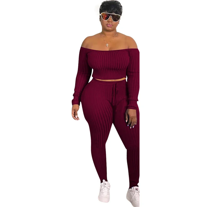 

Solid Knitted Plus Size 2 Piece Set Women Casual Clothing Long Sleeve Off Shoulder Top Pencil Pants Suit Ribbed Tracksuit Outfit