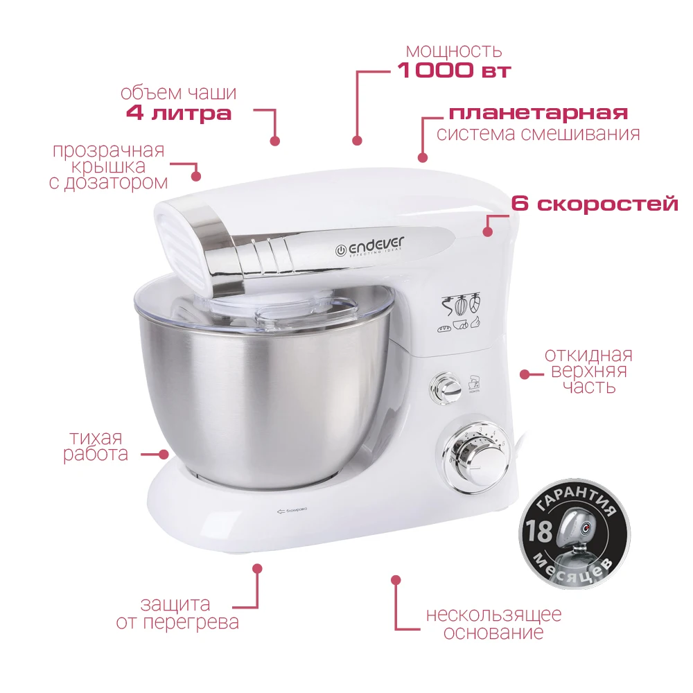 Миксер планетарный Endever Sigma-19 чаша из нержавеющей стали прозрачная крышка |