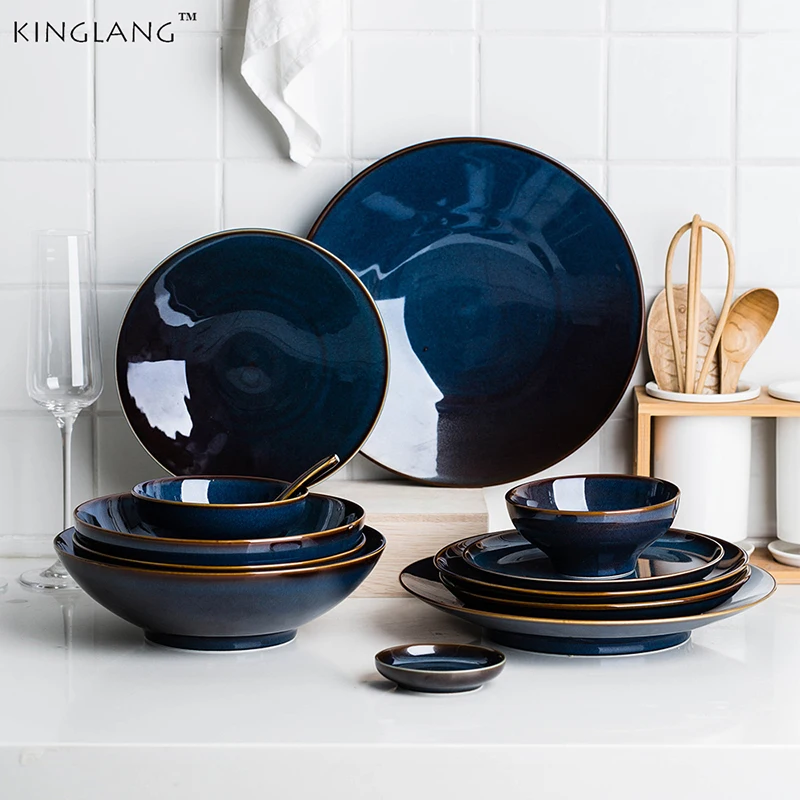 

Jinglang 1 / 2 / 4 dinner set dark blue ceramic retro glazed tableware family rice bowl set