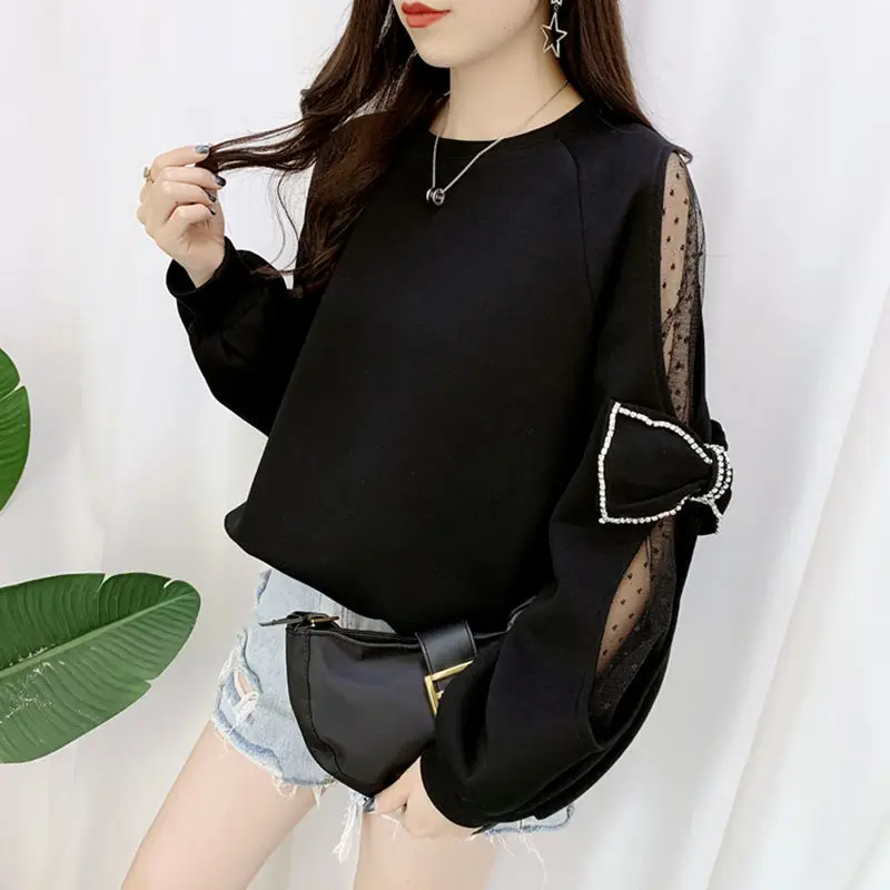 Весна-Осень 2021 Свитшот Nomikuma со стразами и бантом сетчатый пуловер в горошек с