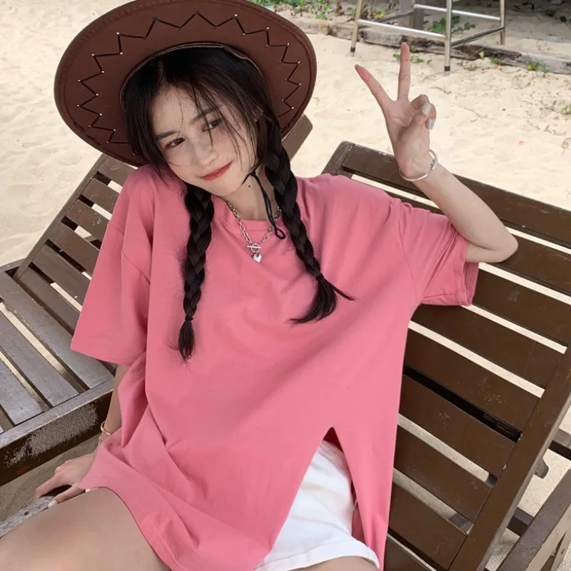 

Summer Korean Style 2021 New Loose Mid-Length Design Split Solid Color Short-Sleeved T-shirt Top Clothes Ins Trendy Women