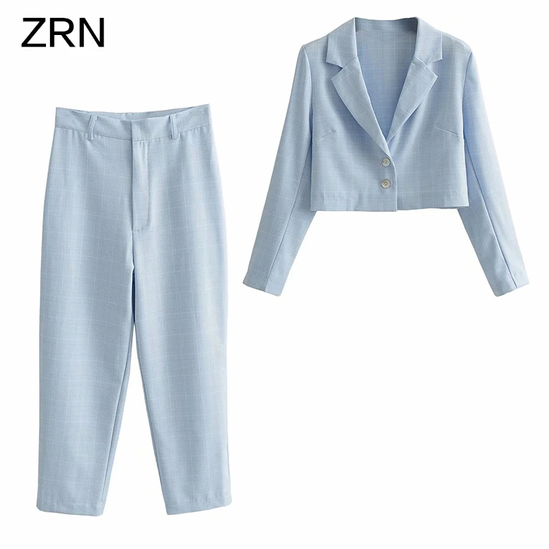 Plaid Blazer Set 2 piece set Single-breasted Short Jacket and high waist Ninth pants women's costumes Women Suits Female Sets |