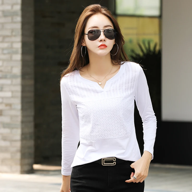 Футболка женская кружевная с соединением Свободный Топ V-образным вырезом и