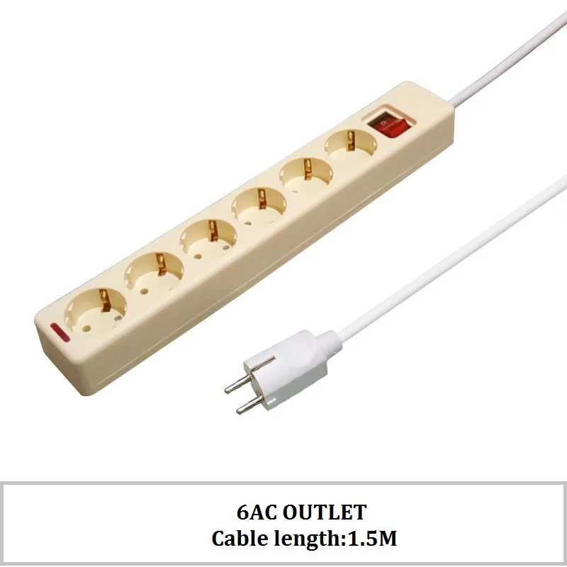 Cable length 1.5M Мощность полосы 6AC розетки с включения/выключения Европейский немецкий стандарт офис расширители 1,5/2/3 м Мощность кабель - Цвет: Cable length 1.5M