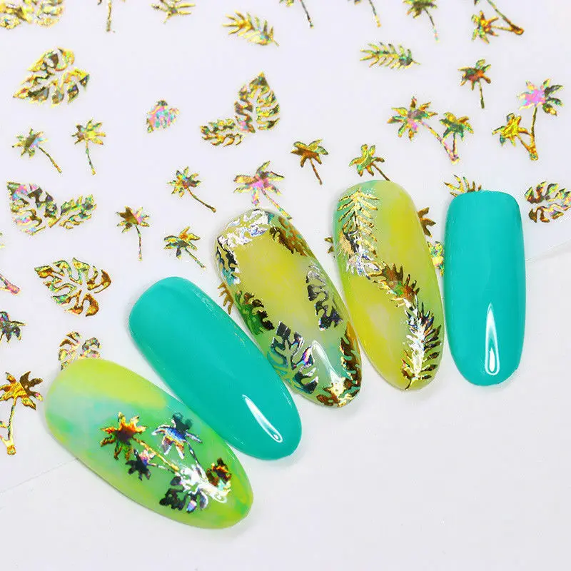 Золотистые и Серебристые 3D наклейки для ногтей голографические лазерные