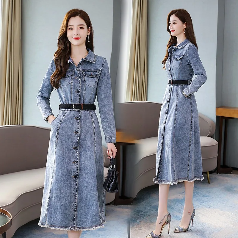 

2021 Autumn New Women Mid Calf Long Dress Vintage Office Ladies Belted Slim Fit Long Sleeve Tassels Single Breasted Denim Dress