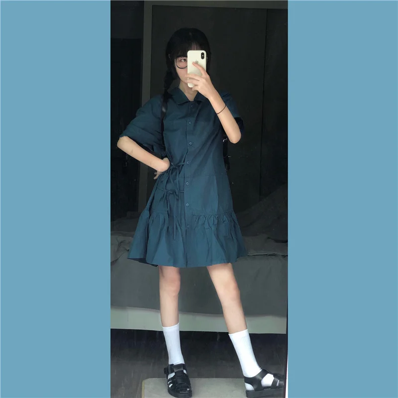 

Peacock Blue Small Size Dress Women's Summer First Love Salty Sweet Mori Style Skirt A- Line Dress First Love Niche Summer