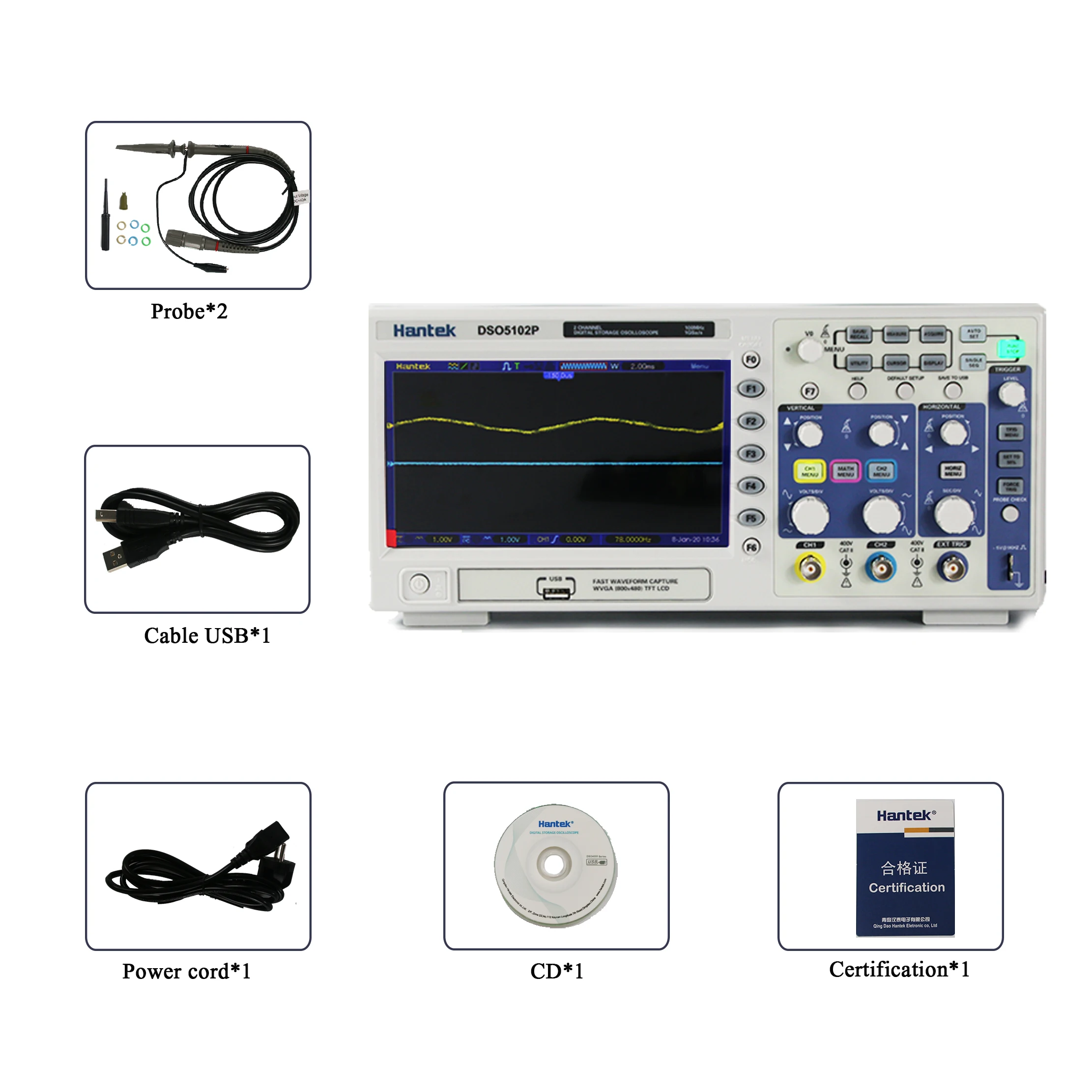Цифровой осциллограф Hantek DSO5102P портативный USB-осциллограф 100 МГц 2 канала 1GSa/s длина