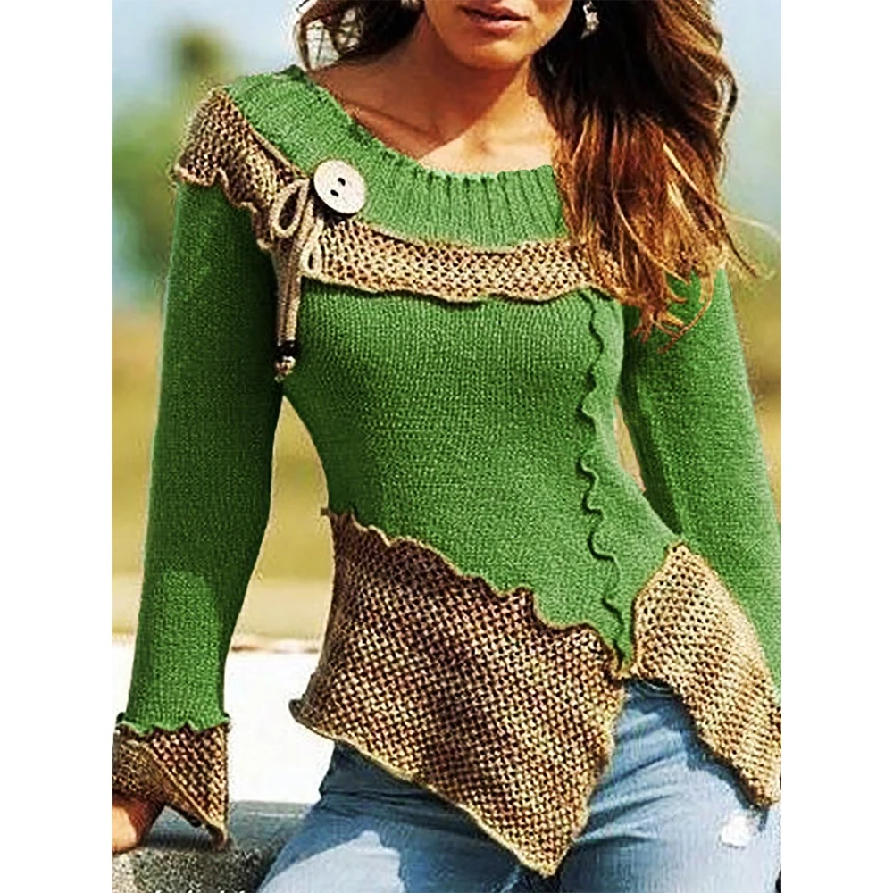 VITIANA Women Knitted Sweater Autumn 2019 Female Long Sleeve Patchwork Button Knit Sweaters Femme Sexy Pullover Tops Sreetwear | Женская