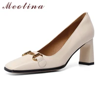 meotina women square toe pumps genuine leather thick heels shoes metal decoration dress shoes ladies slip on high heel footwear