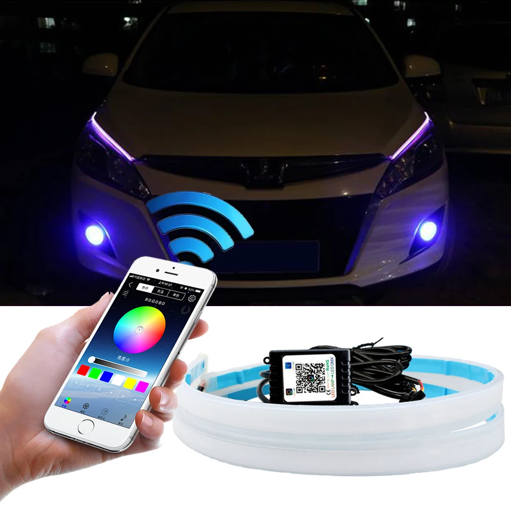 

2x RGB дневные ходовые огни светильник поворота DRL многоцветная светодиодная полоса Гибкая для голосветильник приложение Bluetooth дистанционное управление водонепроницаемая