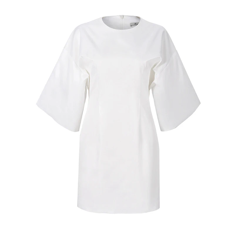 

[EAM] Women White Brief Temperament Shaped Dress New Round Neck Three Quarter Sleeve Loose Fit Fashion Spring Summer 2021 1U697