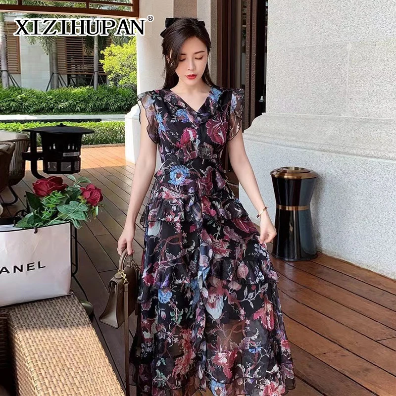 

XIZIHUPAN Vintage Print Dress For Women High Waist Hollow Out Sleeveless Lace Up Maxi Loose Dresses Female Summer Fashion 2021