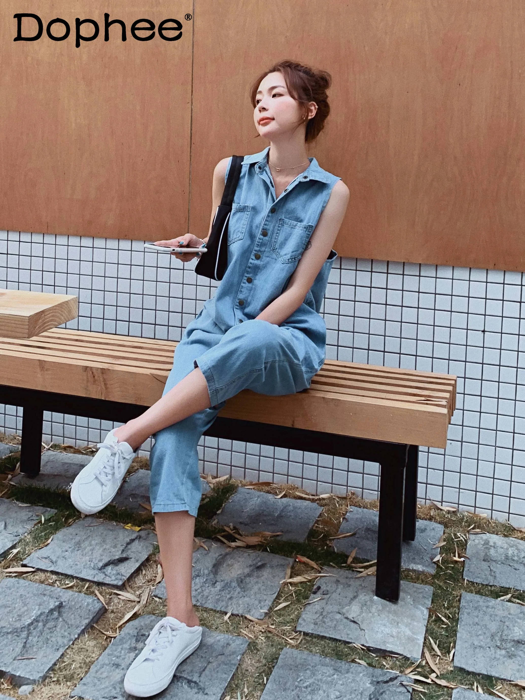 

Elegant High Waist Trousers Thin Denim Jumpsuit for Women 2021 Summer New Small Jumpsuit Suit Single-breasted Cargo Jeans