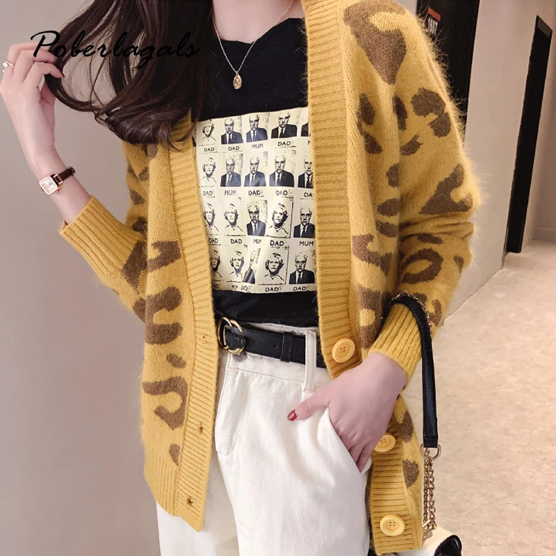Korean casual knit long-sleeved leopard sweater cardigan 2019 Winter autumn v neck retro Sweater Women Knitted cardigans female |