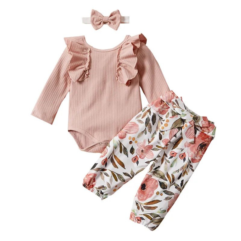 

Newborn Infant Kid Baby Girl Top Striped Romper+Floral Pants Outfit Clothes Set Baby Girl Sleeves Fashion Sunsuits Dropshipping