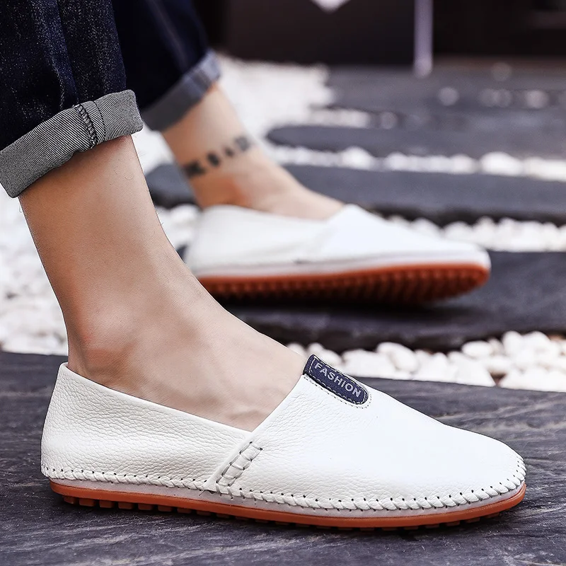 

Размера плюс 38-47 мужская кожаная обувь, белые мужские лоферы без шнуровки, повседневная обувь для вождения, мужские мокасины ручной работы, ...