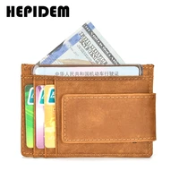 hepidem rfid high quality crazy horse genuine leather slim wallet 2020 new front pocket money dollar mini bill purse for men 104