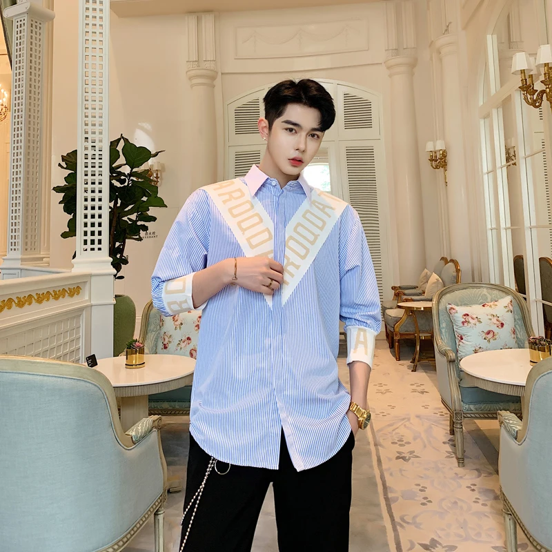 Рубашка мужская повседневная в полоску модная уличная одежда стиле High Street с