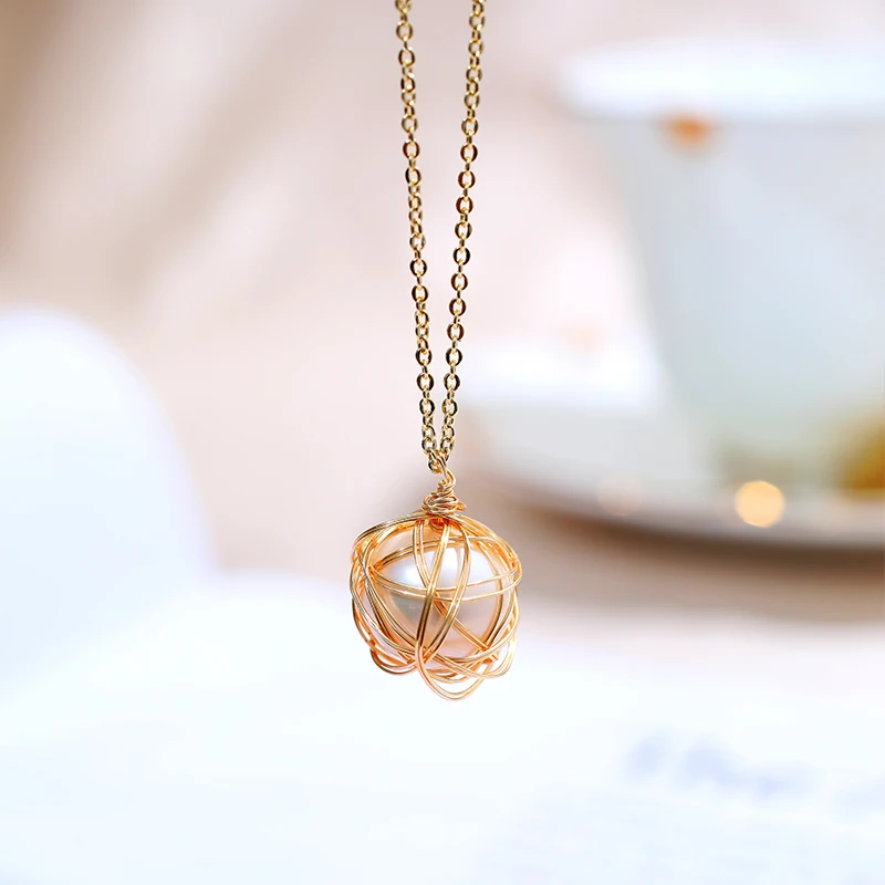 DAIMI Pearl Necklace Bird Nest Cage 12-13mm Round Natural Pendant For Women | Украшения и аксессуары