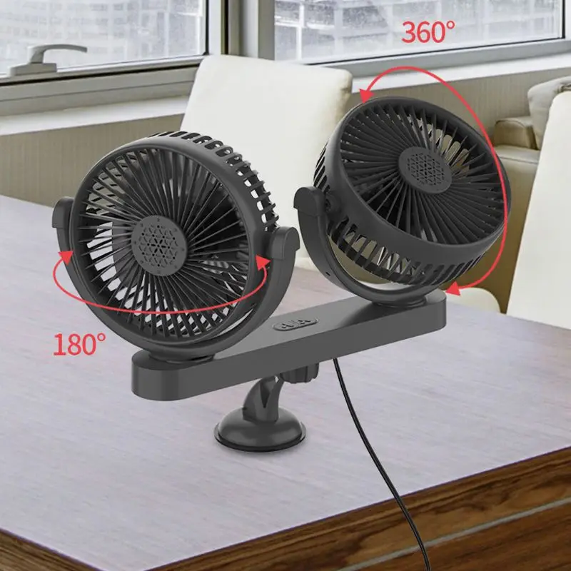 

Dual Head 3-Speed 12V 24V Dashboard Car Suction Cup Cooling Fan With USB Charger