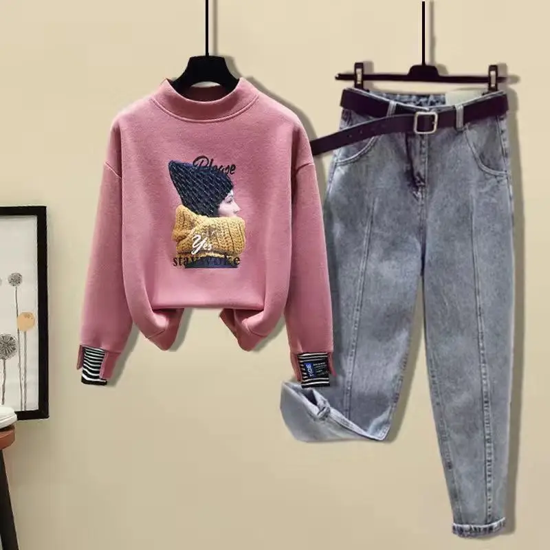 

Autumn New loose Korean version of No hat western style fake two-piece top jeans two-piece fashion suit women