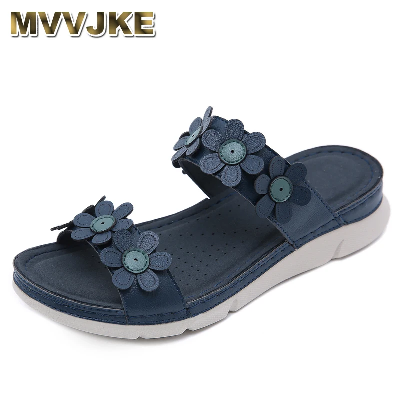 

MVVJKE Women Summer Beach Flats Sandals Shoes Woman PU Leather Gladiator Plus Size Slip On Flower Sandalias mujer sapato feminio