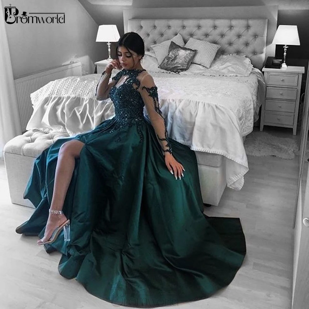 Emerald Green Evening Dresses Long with Sleeves Prom Dress A-Line Satin Side Split Sexy Formal Party Dress Robe De Soiree