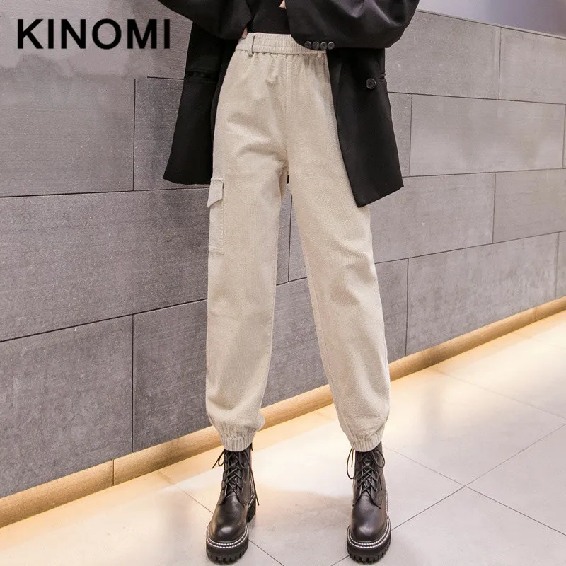 Женские вельветовые брюки карго KINOMI повседневные свободные с завязками и