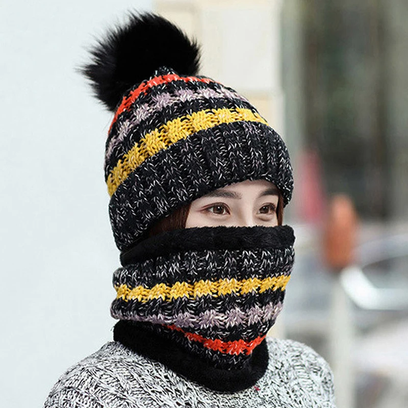 

Winter Women Knitted Hat Scarf Set Girls Woman Warm Beanies Plush Hat And Ring Scarf Mix Color Female Lady Pom Pom Cap Scarves