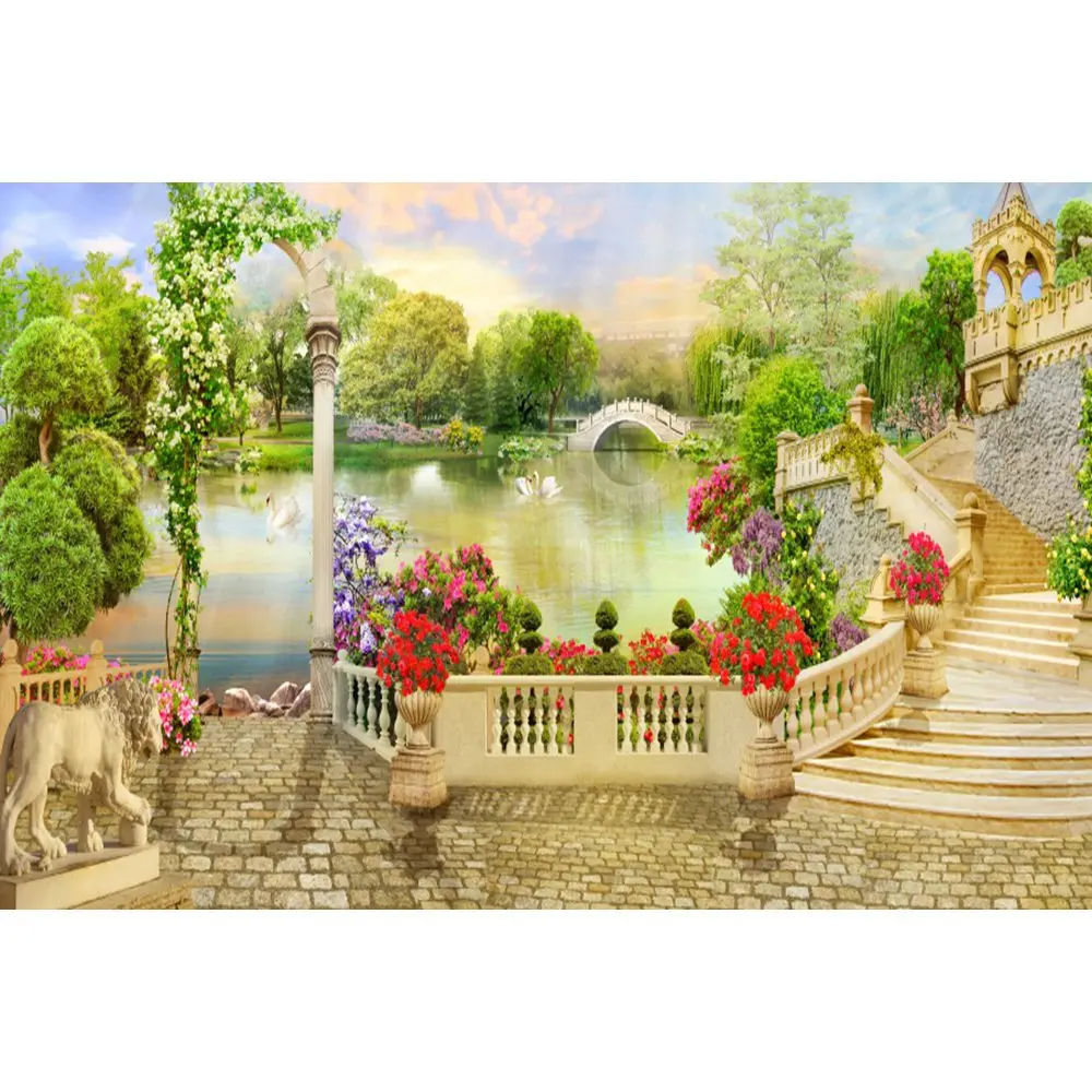 Летний фон для фотосъемки Yeele Coastal City Stone House Flower Tree Stair на заказ для фотостудии - Цвет: NBK19742