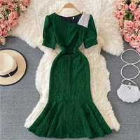 black sequin party midi dress women summer skew collar short green sleeve high waist vintage mermaid vestidos female 2021